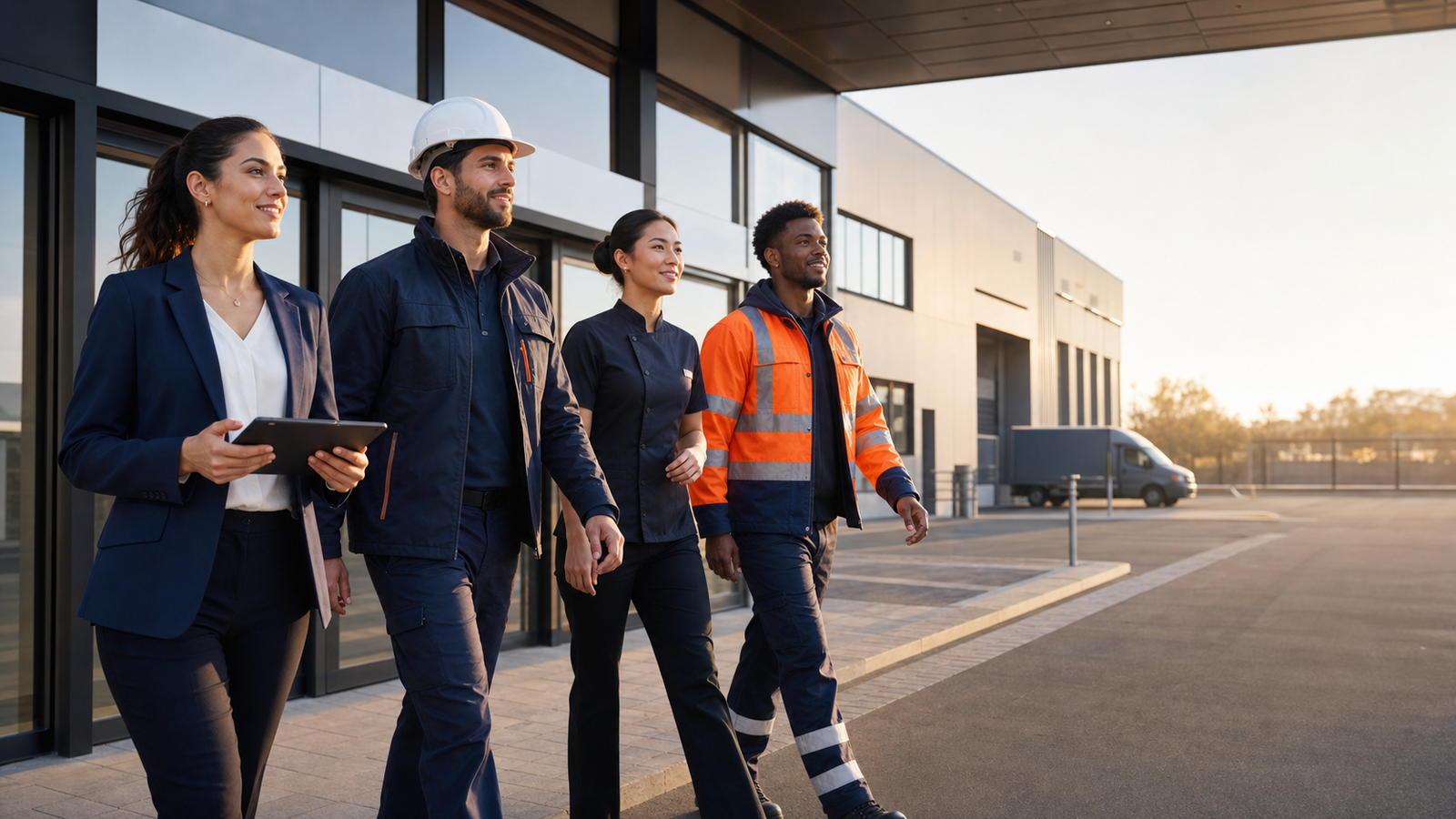 Skilled workers and a coordinator arriving at a modern workplace